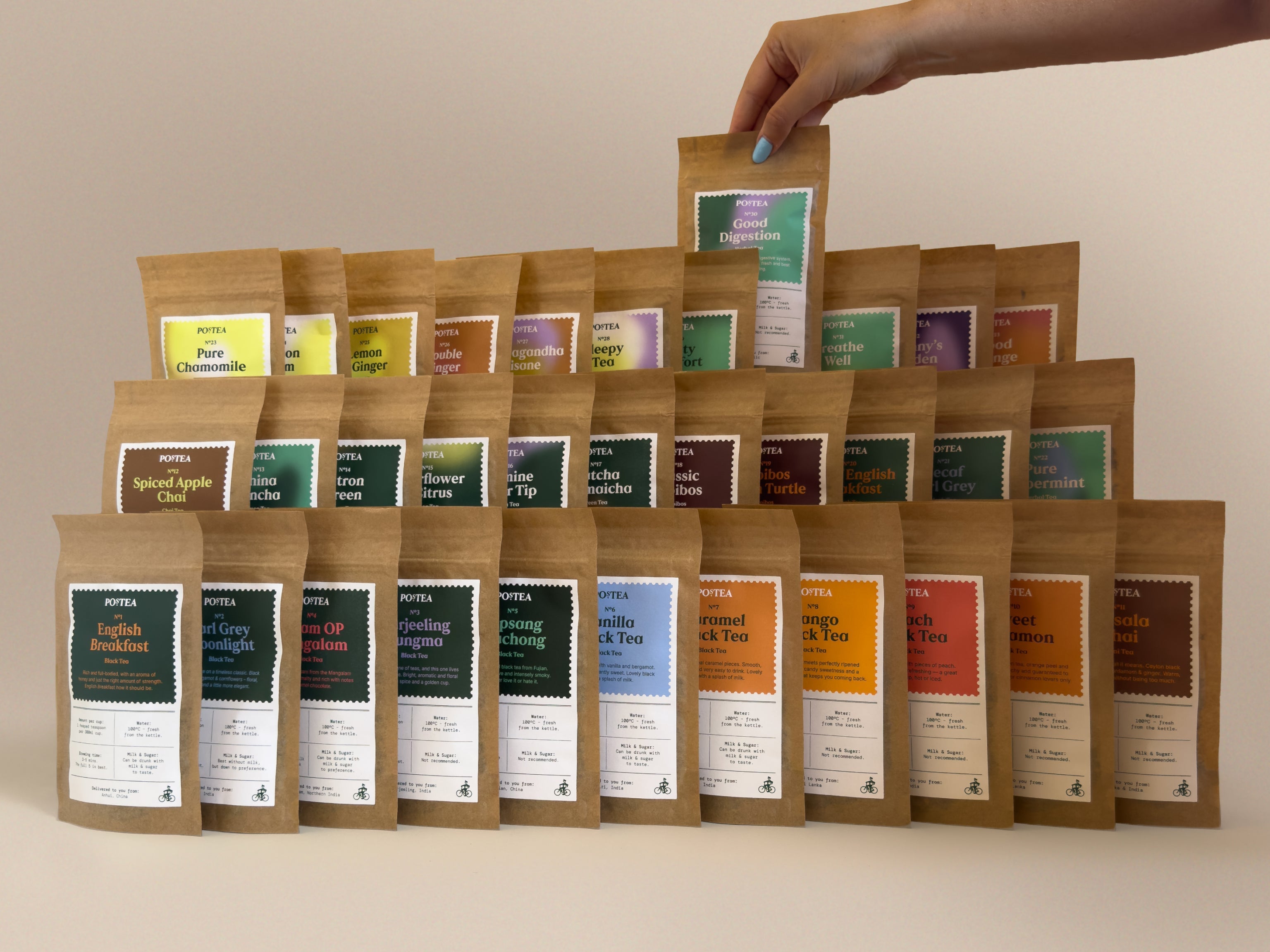The full Postea range of 33 loose leaf teas in individual pouches, hand picking one for a Build Your Own box