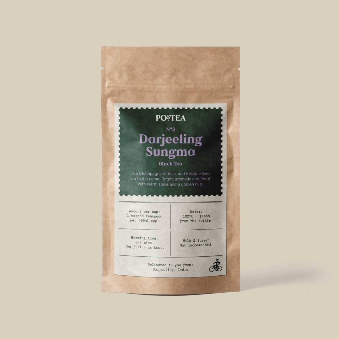 Darjeeling Sungma loose leaf tea (delicate, floral), delivered through your letterbox in a Postea gift box