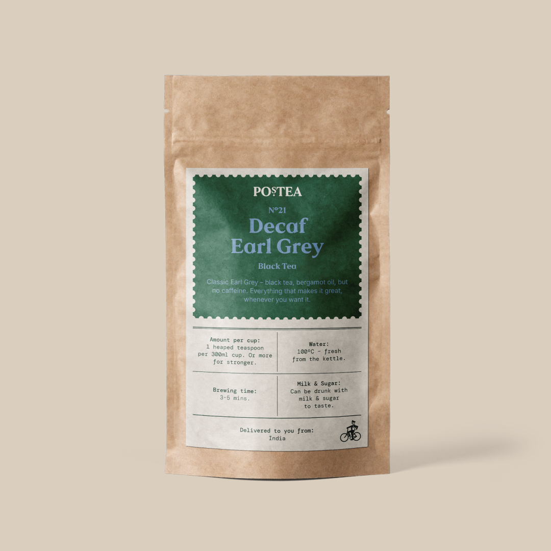 Decaf Earl Grey loose leaf tea (caffeine-free citrus), delivered through your letterbox in a Postea gift box