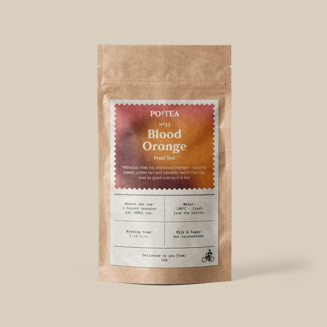 Blood Orange loose leaf tea, one of three pouches in the Postea Feeling Fruity box (fruity, citrus)