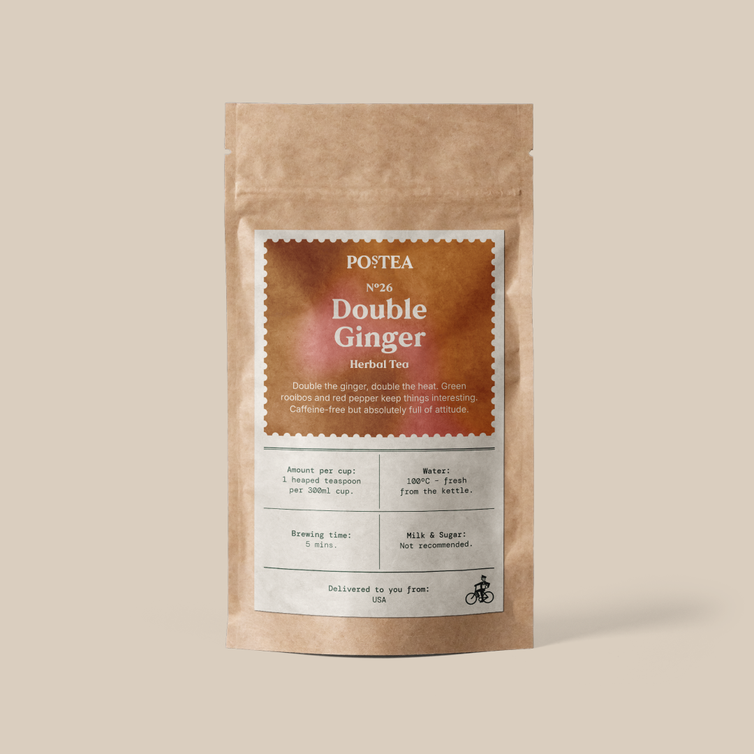 Double Ginger loose leaf tea, one of three pouches in the Postea Feeling Spicy box (warming, digestive)