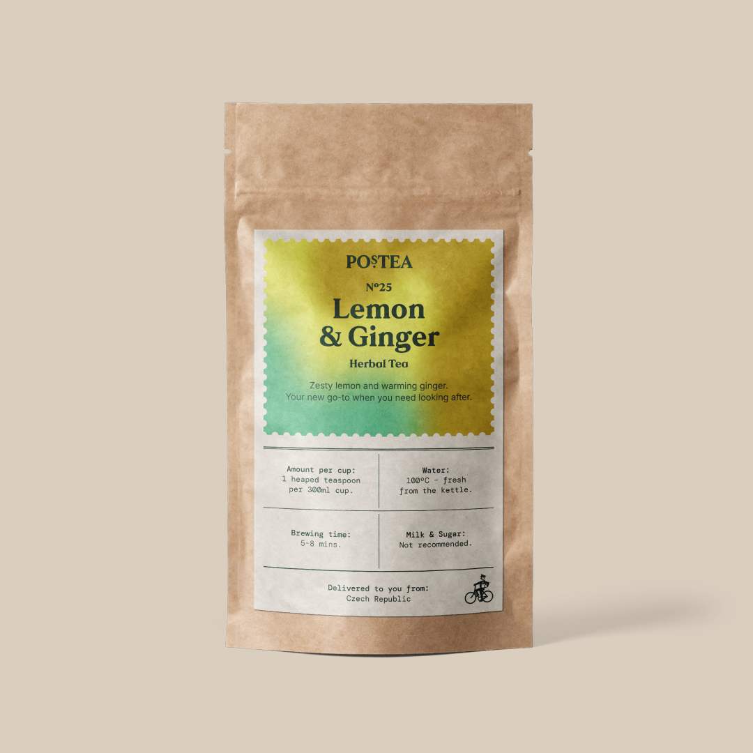 Lemon & Ginger loose leaf tea, one of three pouches in the Postea Happy Belly box (warming, digestive)