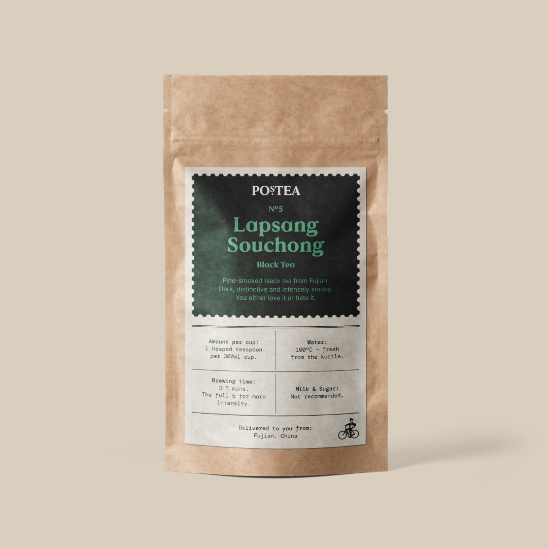 Lapsang Souchong loose leaf tea (smoky, robust), one of Postea's UK loose leaf tea subscription blends