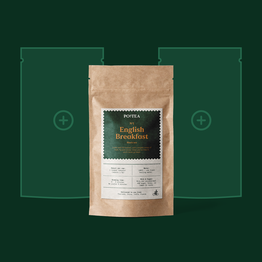 Postea Build Your Own Box – English Breakfast loose leaf tea pouch with plus icons, letterbox-friendly packaging for building a custom tea box