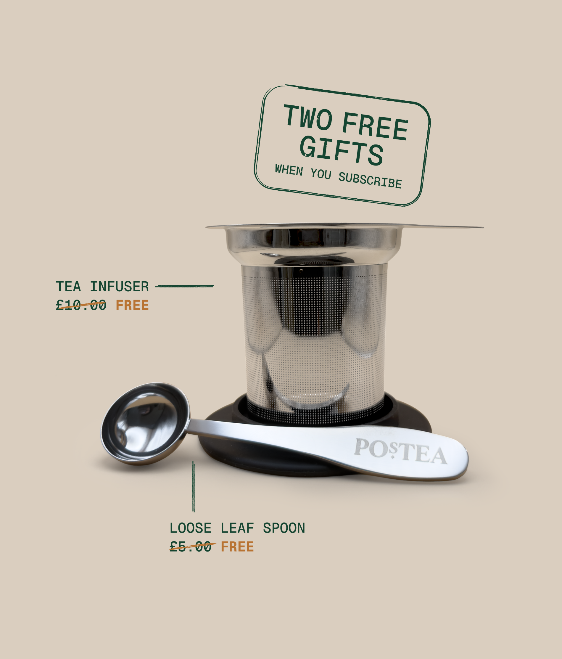 Postea free gifts with subscription – stainless steel tea infuser and loose leaf spoon, worth £15, included free when you subscribe