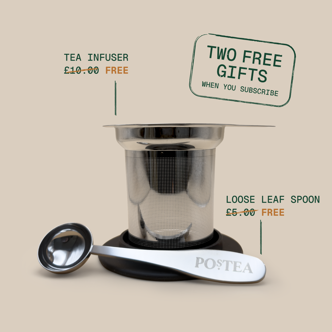 Free stainless steel tea infuser and scoop included with every Postea tea subscription box