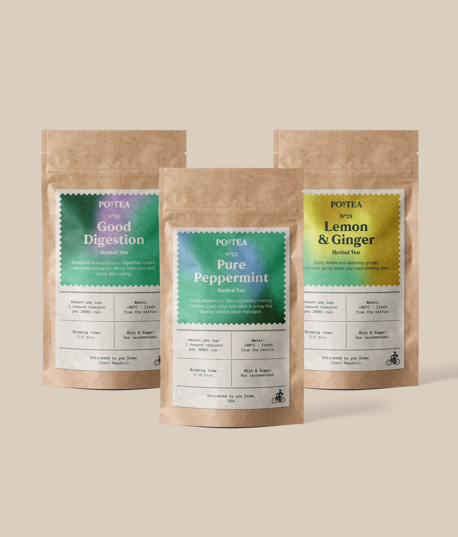 Postea Happy Belly tea box – Pure Peppermint, Good Digestion and Lemon & Ginger loose leaf pouches, letterbox-friendly packaging