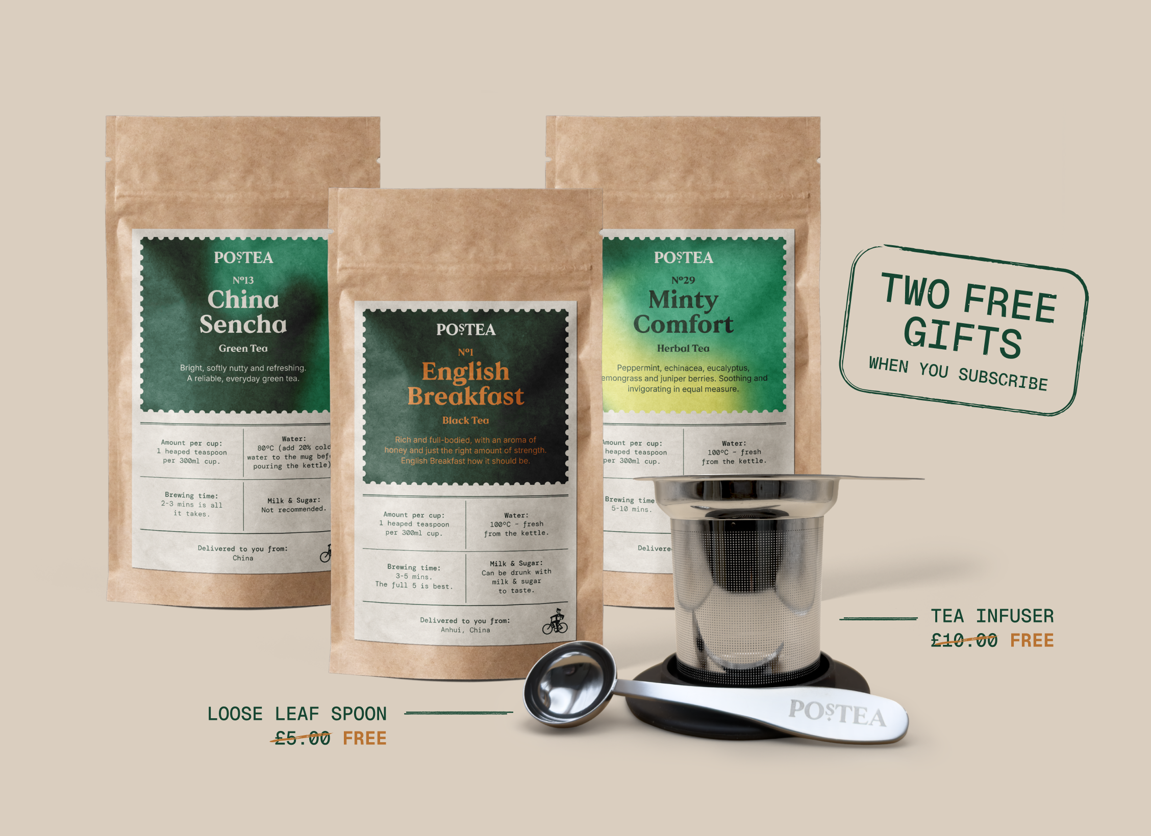 Postea loose leaf tea pouches with free tea infuser and scoop gifts included with every subscription