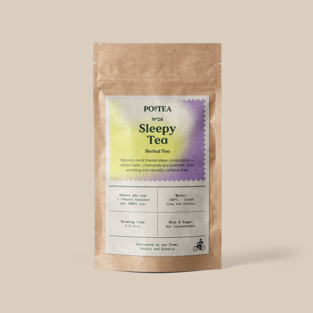 Sleepy Tea loose leaf tea, one of three pouches in the Postea Get Well Soon box (bedtime, calming)