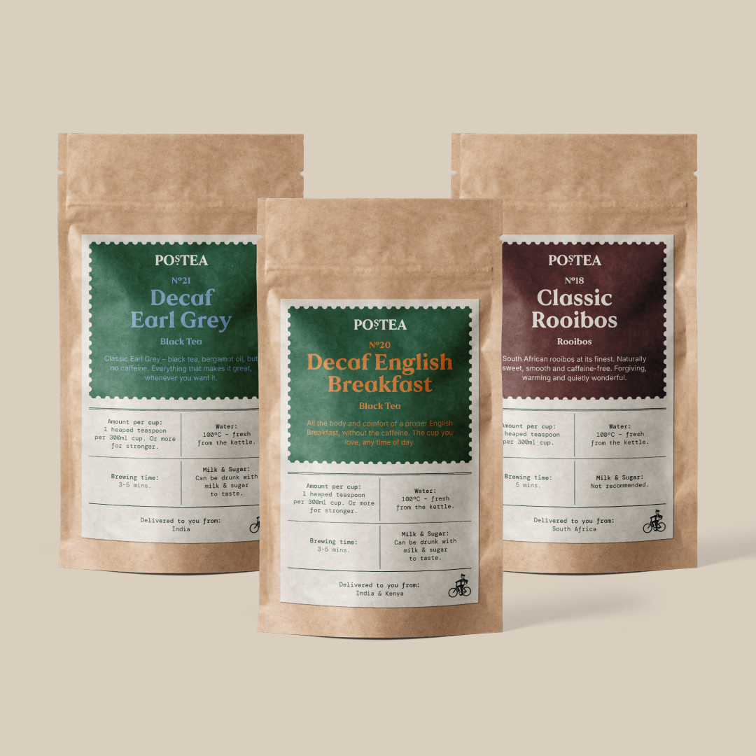 Postea Ultimate Decaf loose leaf tea box with Decaf English Breakfast, Decaf Earl Grey and Rooibos pouches