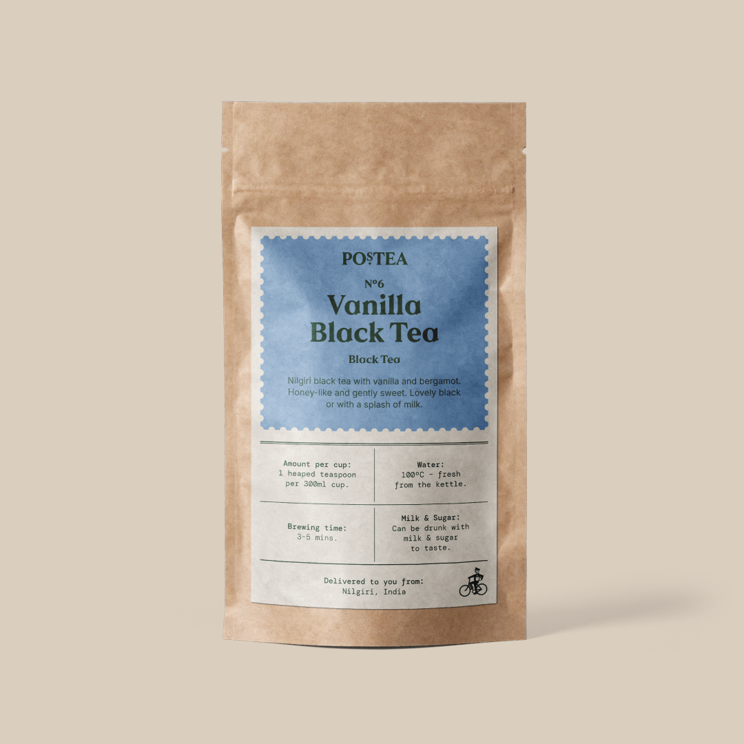 Vanilla Black Tea loose leaf tea (dessert-style, smooth), delivered through your letterbox in a Postea gift box